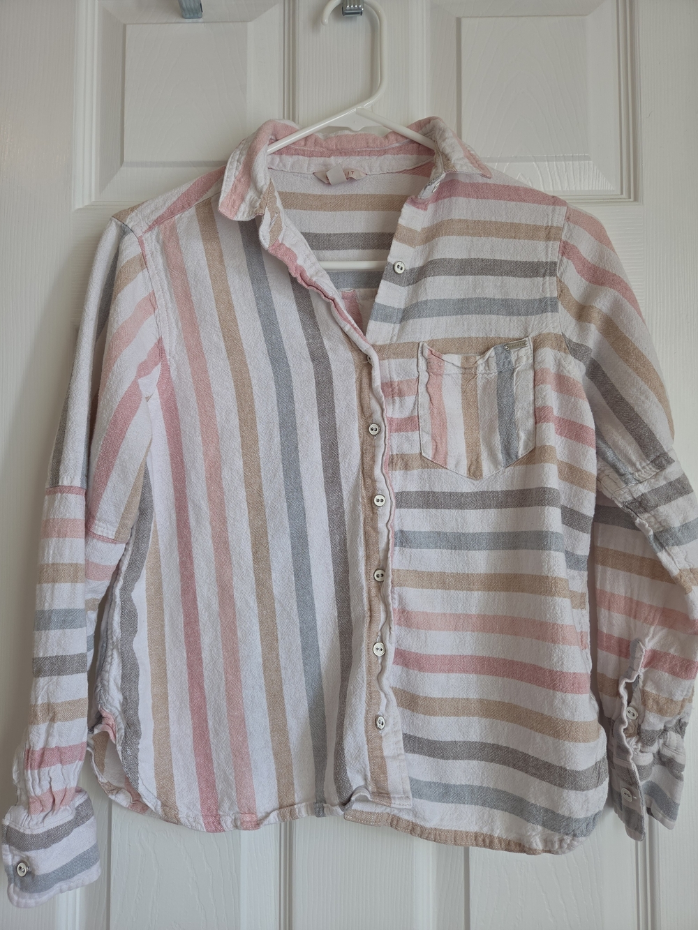 Esprit Linen Blend Striped Button Down Shirt Pink Gray Tan Size L